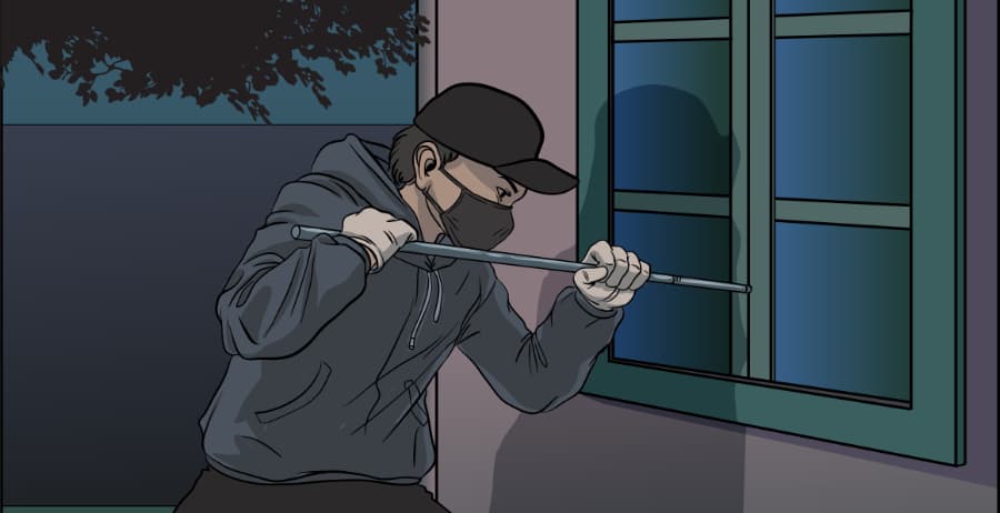 Illustration of burglar forcing entry through a window in Monroe